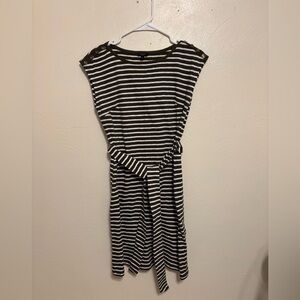 Talbots Petite Brown White Striped Cotton Tie Waist Dress Button Shoulder P